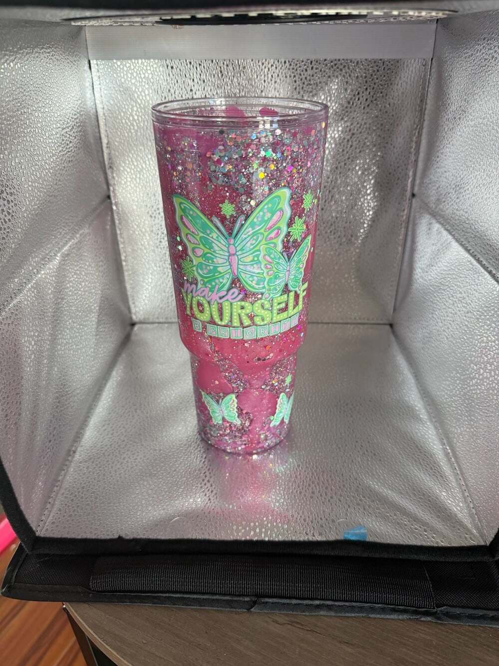 40 oz  Pink Glitter Butterfly Snow Globe Tumbler 'Make Yourself A Priority'